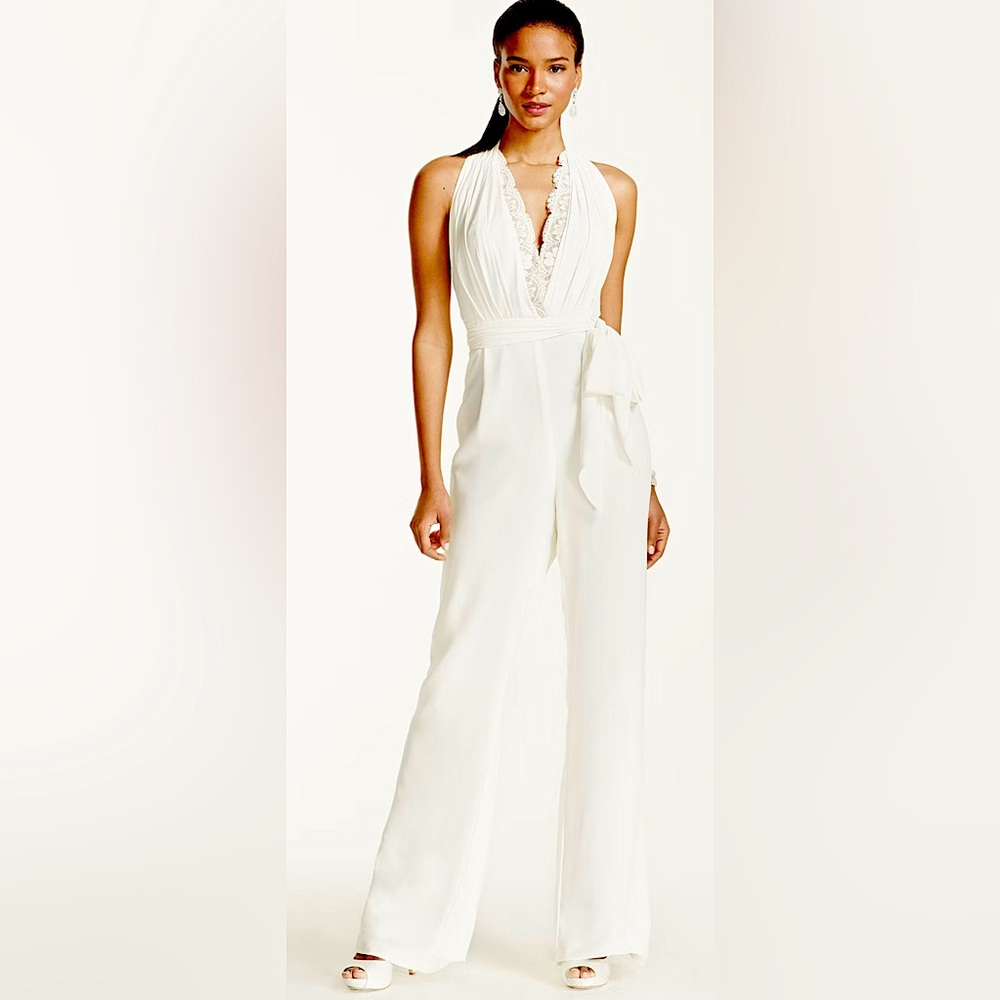 Halter Crepe and Lace Jumpsuit - David’s Bridal